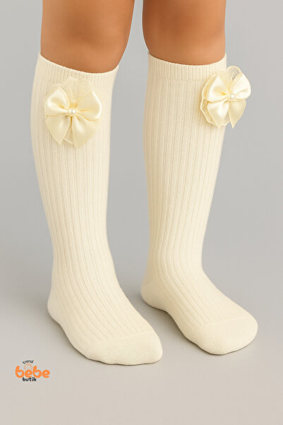 Trend Bebe Butik Kız Çocuk Dizaltı Kurdele ve Dantel Detaylı Pamuklu Dizüstü Çorap | 3-12 Yaş |Okul & Günlük Kullanım