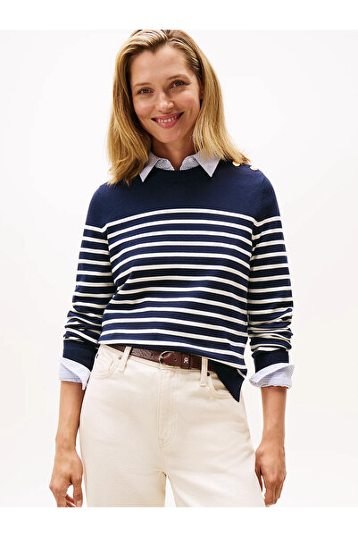 Tommy Hilfiger Kadın Saf Pamuklu Normal Kalıp Çizgili Gold Düğme Detaylı Uzun Kollu Örgü Lacivert Kazak WW0WW47305-