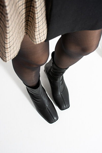 HVZ Exclusive Black Heeled Zippered Stretch Women's Boots with Blunt Toe