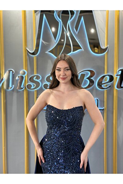 MissBetül Full Dantel Pullu Kuyruklu Straplez Gold Abiye