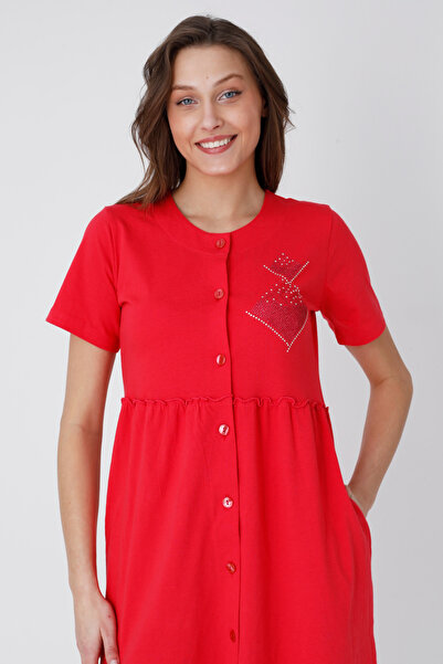 İntensive Red Full Buttoned Stone Detailed Pocketed Short Sleeve Cotton Dress