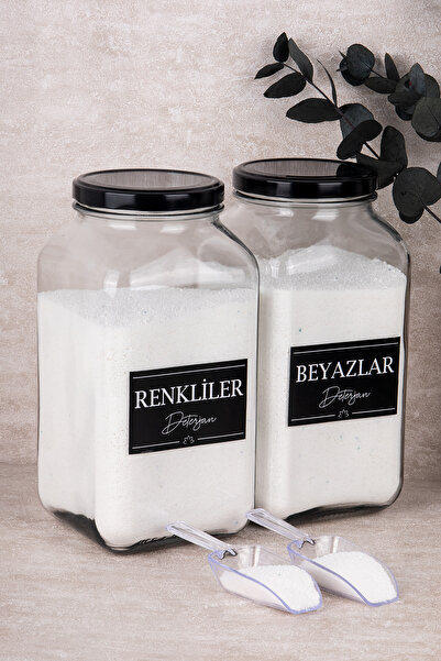 Dolkin Home 2'li Deterjanlık Seti Ölçekli Renkliler Beyazlar Deterjan 3000 ml Cam Kavanoz Deterjan Kutusu Seti