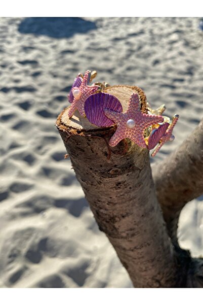 Tılsım Bijuteri Mineli İncili Yıldızlı Pembeli Lastik Bileklik