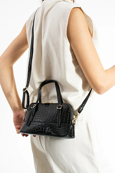Ensar Çanta Kadın Siyah Parlak Kroko Desenli Mini Omuz ve El Çantası – Şık Cr...