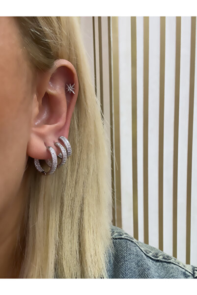 Hicrans Takı HALKA MODEL MİNİ TAŞLI ÜÇLÜ SET ÇELİK KÜPE