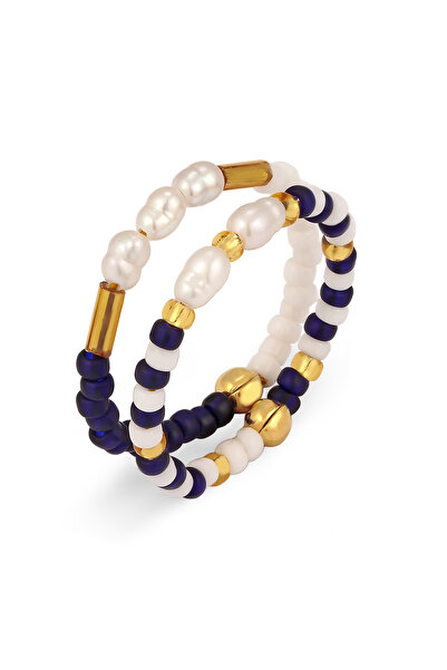 ELLI Inel Set Inele Femei Mărgele Perle de Cultură Albastre Argint 925 Placat cu Aur Vară / B