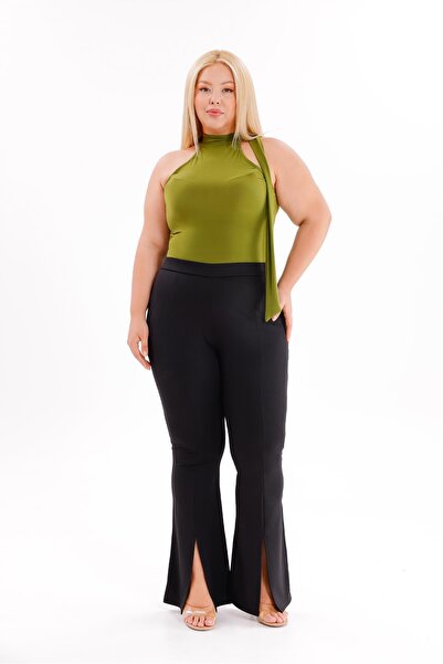 Siyezen Plus Size Lycra Crepe Fabric Trousers with Slit Legs