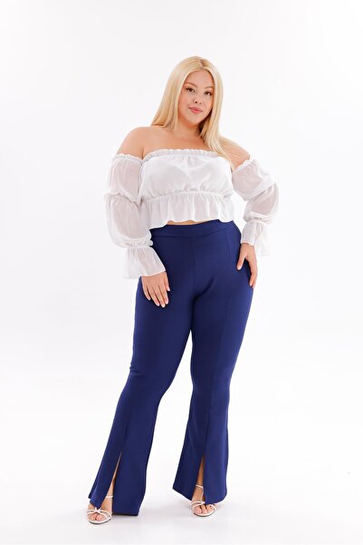 Siyezen Plus Size Lycra Crepe Fabric Trousers with Slit Legs