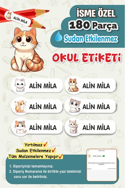 Piksel Grafik Okul Etiketi Kalem Defter isimli Etiket Isim Yazılabilen Seviml...