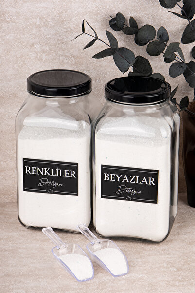 Dolkin Home 2'li Deterjanlık Seti Ölçekli Renkliler Beyazlar Deterjan 3000 ml Cam Kavanoz Deterjan Kutusu Seti