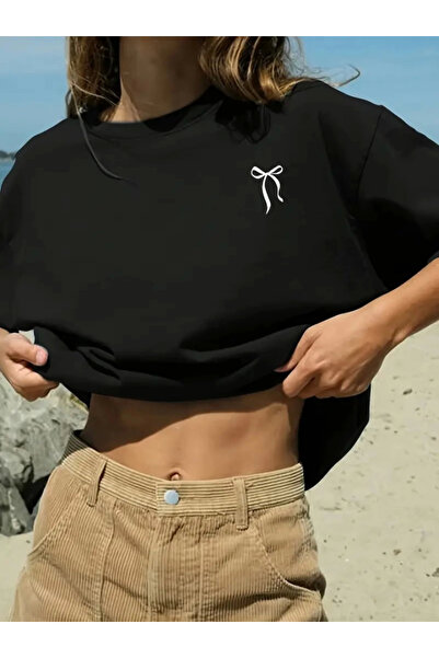 fourblack Tricou unisex oversize negru cu imprimeu cu fundă - negru