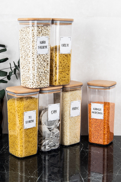 DNS HOME 6-Piece Wooden Vacuum Lid Food Storage Set 1700 ml Vegetable Storage Container Jar Set with Label Gift