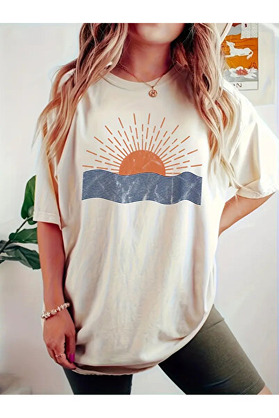 İSMTEXS تي شيرت مطبوع بتصميم جرافيك لمناظر البحر عند شروق الشمس، بأكمام قصيرة...