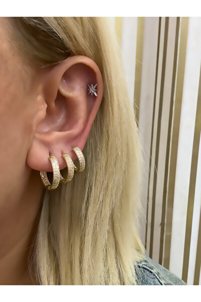 Hicrans Takı HALKA MODEL MİNİ TAŞLI ÜÇLÜ SET ÇELİK KÜPE