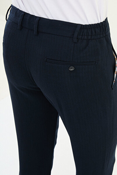 Mcr Striped Super Slim Fit Elastic Waist Drawstring Cotton Men's Trousers Navy Blue - 38324.25K