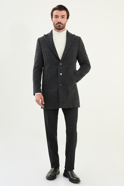 Mcr Patterned Slim Fit Wide Collar Cashmere Men's Coat Black - 21325.25K