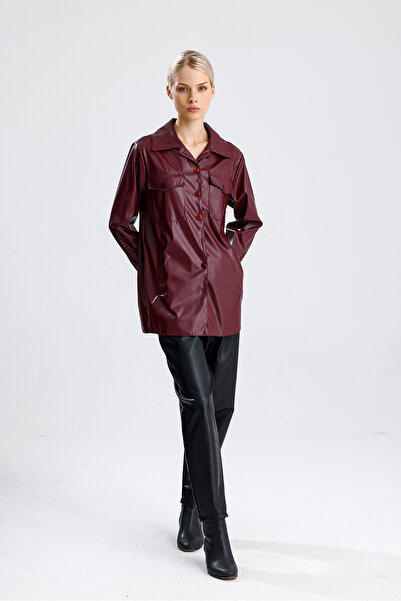 Sense Buttoned U Sleeve Leather Shirt with Front Pocket Gml33163 Burgundy
