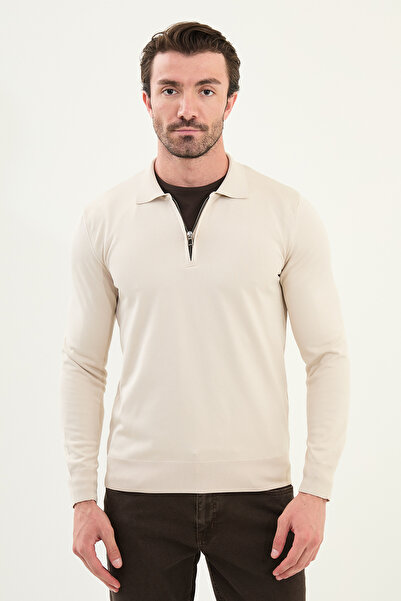 Mcr سترة تريكو رجالية بياقة بولو وسحاب، مقاس نحيف، لون بيج - 11560.25K