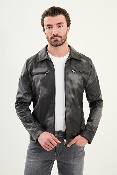 Mcr Desenli Slim Fit Gömlek Yaka Suni Deri Erkek Mont Siyah - 39647.25K