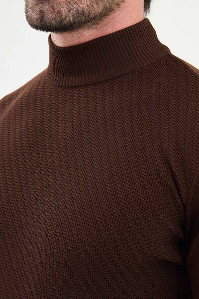 Mcr Ανδρικό πλεκτό πουλόβερ με σχέδια Slim Fit Half Turtleneck καφέ - 11546.25K