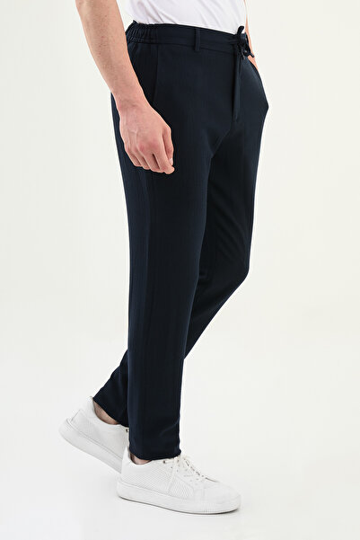 Mcr Striped Super Slim Fit Elastic Waist Drawstring Cotton Men's Trousers Navy Blue - 38324.25K