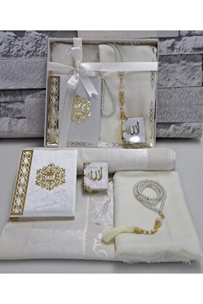 hira tasarım Dowry Gift Set 5 Pieces Bridal Bundle Set Headscarf Tafta Prayer Rug Yasin Prayer Beads Mini Quran