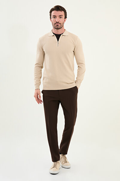 Mcr Patterned Slim Fit Zippered Polo Collar Men's Knitwear Sweater Beige - 11565.25K