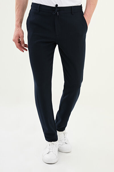Mcr Striped Super Slim Fit Elastic Waist Drawstring Cotton Men's Trousers Navy Blue - 38324.25K