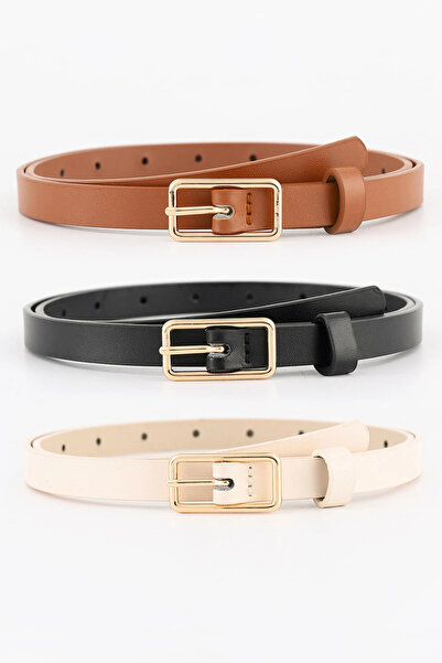 H&E LUXURY DESIGN Kadın 3'lü Gold Dikdörtgen Tokalı Pantolon, Gömlek, Ceket, Elbise, Kazak Kemeri 2 cm