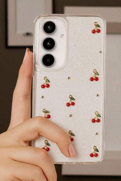 KVK PRİVACY Samsung S24 Fe Uyumlu – Epoksi Kiraz Desenli, Şeffaf, Darbe Dayanıklı Telefon Kılıfı