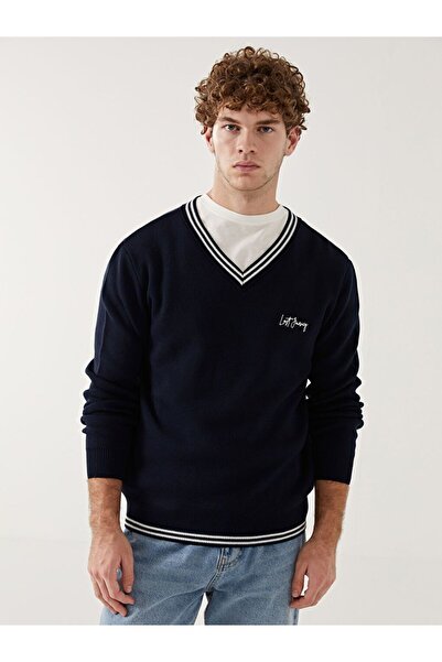 LC Waikiki Мъжки трикотажен пуловер с V-образно деколте и дълъг ръкав