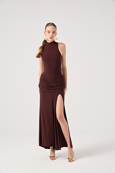 HOLLY LOLLY Turtleneck Slit Long Valentina Dress Brown