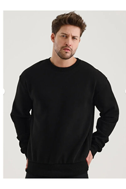 Boi Hanorac unisex, cu 2 fire de bumbac, gros, de iarnă, negru, cu fleece în interior, din țesătură din bumbac pieptănat, de bază, oversize, cu gâtul O.