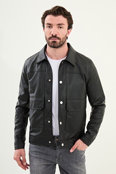 Mcr Ανδρικό παλτό από συνθετικό δέρμα με ίσιο λεπτό γιακά πουκάμισο με τσέπη,...