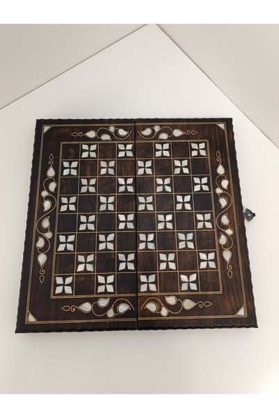 Mess Mother of Pearl Inlaid Filigree Embroidered Handcrafted Medium Size Wooden Backgammon - Dark Color (20X40 cm)
