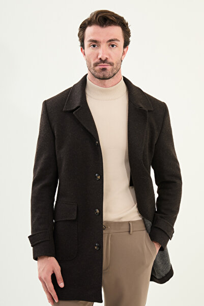 Mcr Straight Slim Fit Bag Pocket Wide Collar Wool Men's Coat Brown - 21323.25K