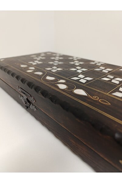 Mess Mother of Pearl Inlaid Filigree Embroidered Handcrafted Medium Size Wooden Backgammon - Dark Color (20X40 cm)