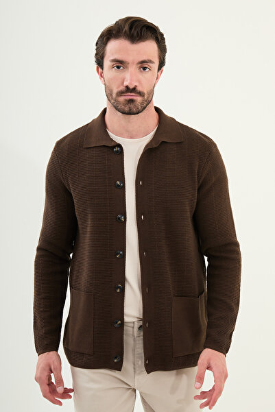 Mcr Patterned Slim Fit Pocket Shirt Collar Men's Knitwear Jacket Brown - 11241.25K