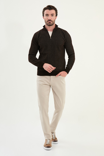 Mcr Striped Slim Fit Zippered Half Turtleneck Chenille Fabric Men's Knitwear Sweater Brown - 11549.25K