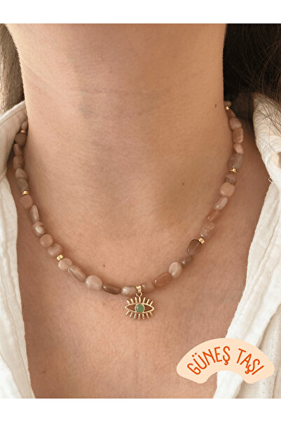 sadeart Doğal Güneş Taşı Kolye – Altın Kaplama Yeşil Göz Detaylı El Yapımı Tasarım