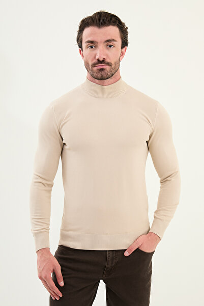 Mcr سترة تريكو رجالية مستقيمة وضيقة بياقة نصف دائرية باللون البيج - 11545.25K