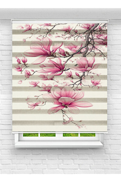 White Rose Design Pembe Manolya Çiçek Desenli Dijital Baskılı Zebra Perde