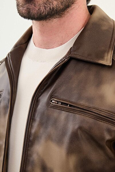 Mcr Patterned Slim Fit Shirt Collar Faux Leather Men's Coat Brown - 39647.25K