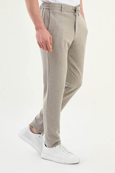 Mcr Striped Super Slim Fit Elastic Waist Drawstring Cotton Men's Trousers Beige - 38324.25K