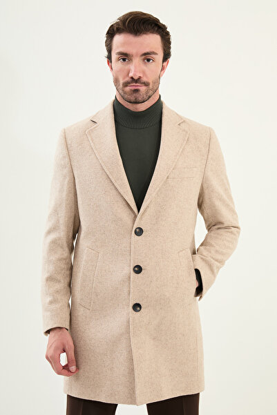 Mcr Plain Slim Fit Mono Collar Classic Wool Men's Coat Beige - 21331.25K