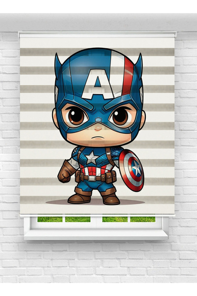 White Rose Design Kaptan Amerika Figürlü Dijital Baskılı Zebra Perde