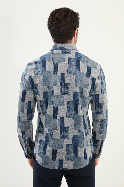 Mcr Ανδρικό πουκάμισο με μοτίβο Slim Fit μακρυμάνικο μάλλινο ξυλοκόπο γκρι - 27088.25K