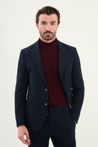 Mcr Striped Slim Fit Bag Pocket Mono Collar Men's Jacket Navy Blue - 41460.25K