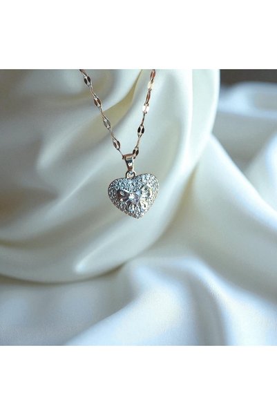TAKVANOV Ribbon Stone Detailed Heart Necklace – 316L Stainless Steel
