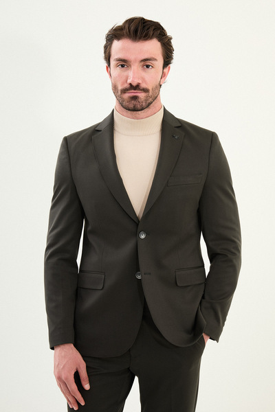 Mcr Düz Slim Fit Mono Yaka Klasik Yün Erkek Takım Elbise Haki - 45410.25K